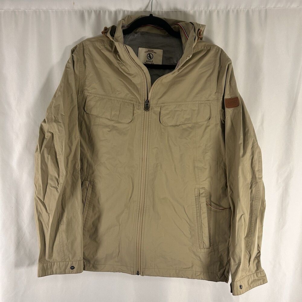 Aigle Rain Jacket Women's Large Brown Full Zip Packable Hood Zip Pockets